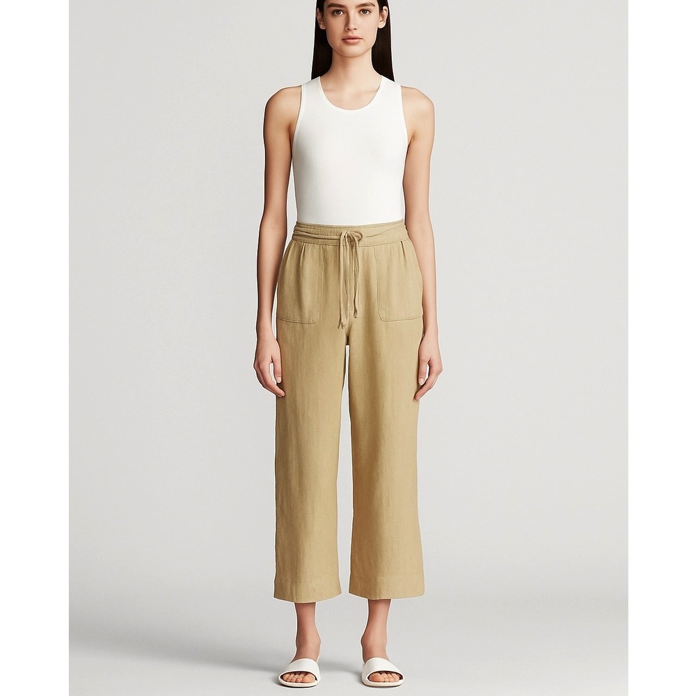 Lauren Ralph Lauren‎ Linen Pants 6P Tan Beige Wide Leg Drawstring Elastic Wais